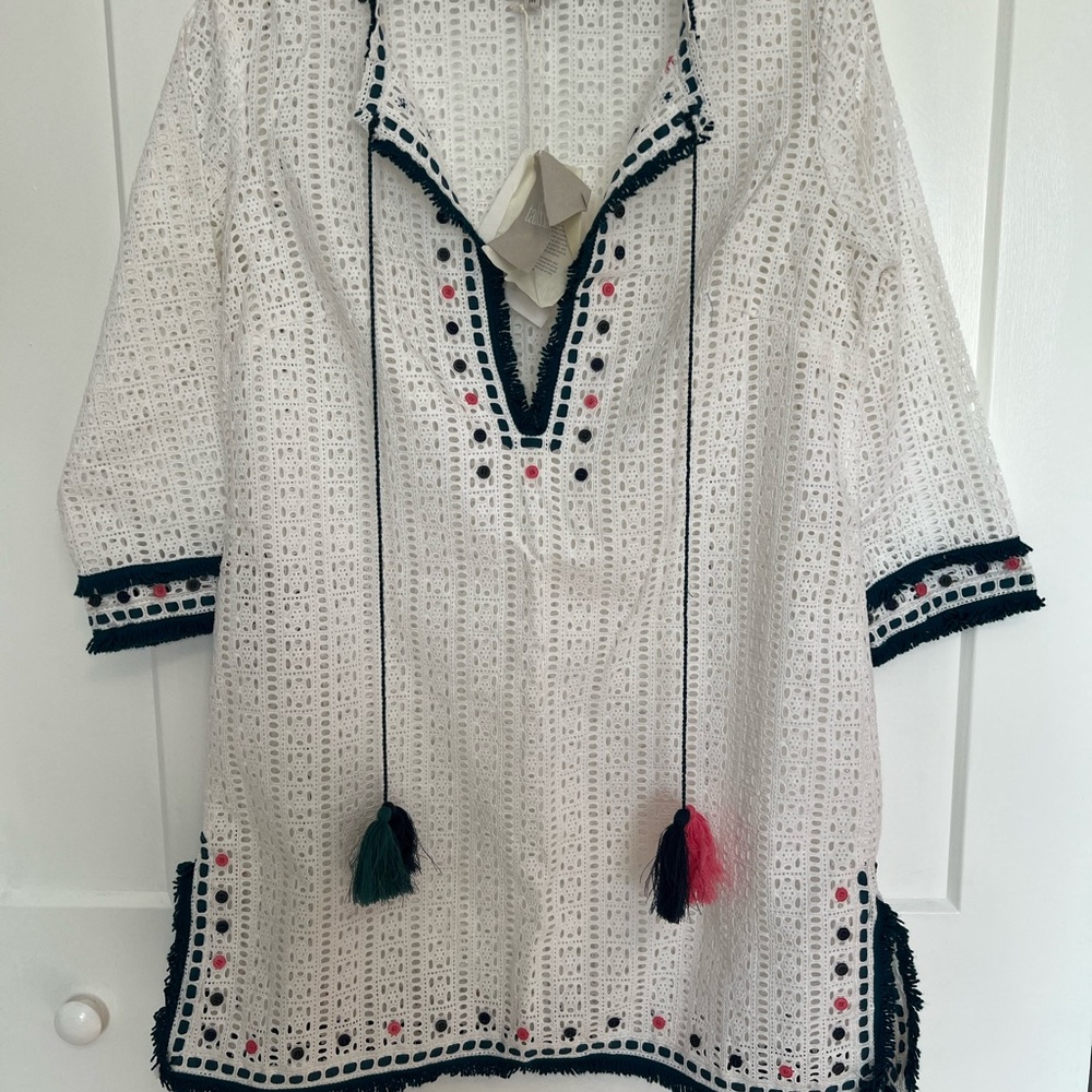 Talitha White eyelet Top with navy and pink Details
